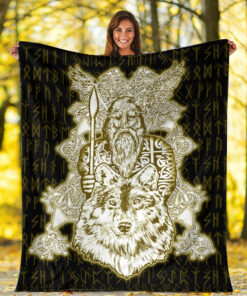 Viking Blanket Odin Wolf Viking Set Gold Sherpa Fleece Blanket Gifts for Viking Lovers