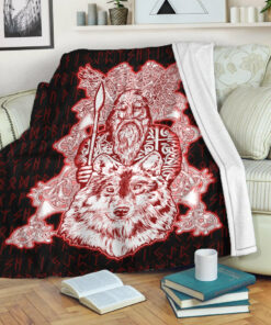 Viking Blanket Odin Wolf Viking Set Red Sherpa Fleece Blanket Gifts for Viking Lovers