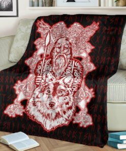 Viking Blanket Odin Wolf Viking Set Red Sherpa Fleece Blanket Gifts for Viking Lovers