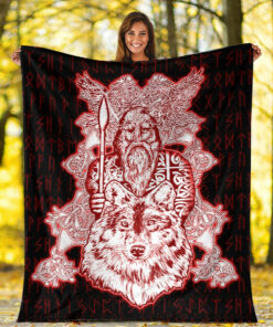 Viking Blanket Odin Wolf Viking Set Red Sherpa Fleece Blanket Gifts for Viking Lovers