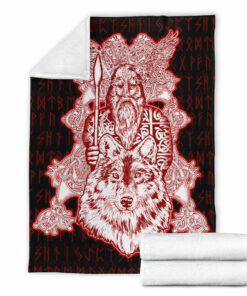 Viking Blanket Odin Wolf Viking Set Red Sherpa Fleece Blanket Gifts for Viking Lovers
