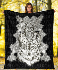 Viking Blanket Odin Wolf Viking Set Sherpa Fleece Blanket Gifts for Viking Lovers