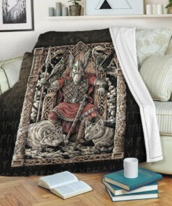 Viking Blanket Odin on Throne Sherpa Fleece Blanket Gifts for Viking Lovers