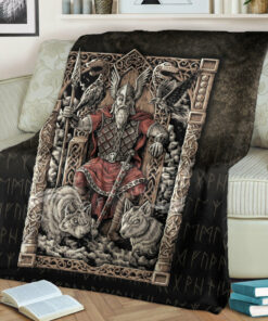 Viking Blanket Odin on Throne Sherpa Fleece Blanket Gifts for Viking Lovers