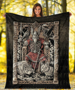 Viking Blanket Odin on Throne Sherpa Fleece Blanket Gifts for Viking Lovers