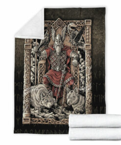 Viking Blanket Odin on Throne Sherpa Fleece Blanket Gifts for Viking Lovers