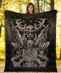 Viking Blanket Odin with Hugin and Munin Sherpa Fleece Blanket Gifts for Viking Lovers