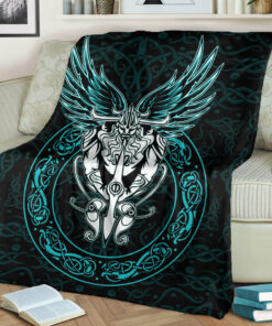 Viking Blanket OdinWing Viking Turquoise Sherpa Fleece Blanket Gifts for Viking Lovers