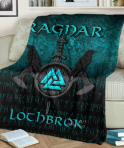 Viking Blanket Ragnar Lothbrok Ragnar Lodbrok Viking Warrior Cyan Version Sherpa Fleece Blanket Gifts for Viking Lovers