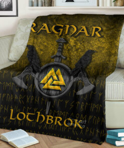 Viking Blanket Ragnar Lothbrok Ragnar Lodbrok Viking Warrior Gold Version Sherpa Fleece Blanket Gifts for Viking Lovers