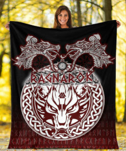 Viking Blanket Ragnarok Fenrir,Valknut and Vegvisir Sherpa Fleece Blanket Gifts for Viking Lovers