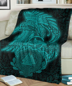 Viking Blanket Raven Celtic Turquoise Viking Homeset Sherpa Fleece Blanket Gifts for Viking Lovers