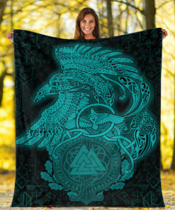 Viking Blanket Raven Celtic Turquoise Viking Homeset Sherpa Fleece Blanket Gifts for Viking Lovers