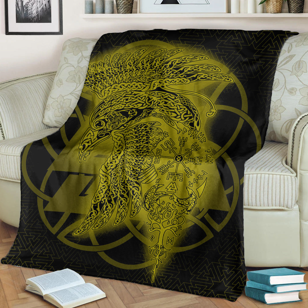 Viking Blanket Raven Valknut Gold Viking Homeset Sherpa Fleece Blanket Gifts for Viking Lovers