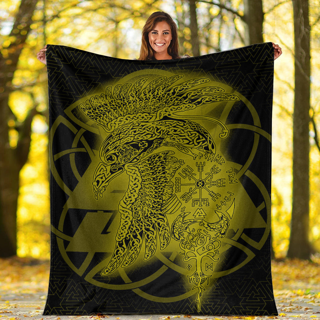 Viking Blanket Raven Valknut Gold Viking Homeset Sherpa Fleece Blanket Gifts for Viking Lovers