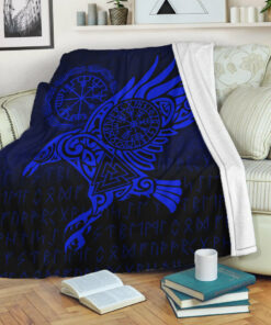 Viking Blanket Raven Vegvisir Tattoo Blue Version Sherpa Fleece Blanket Gifts for Viking Lovers