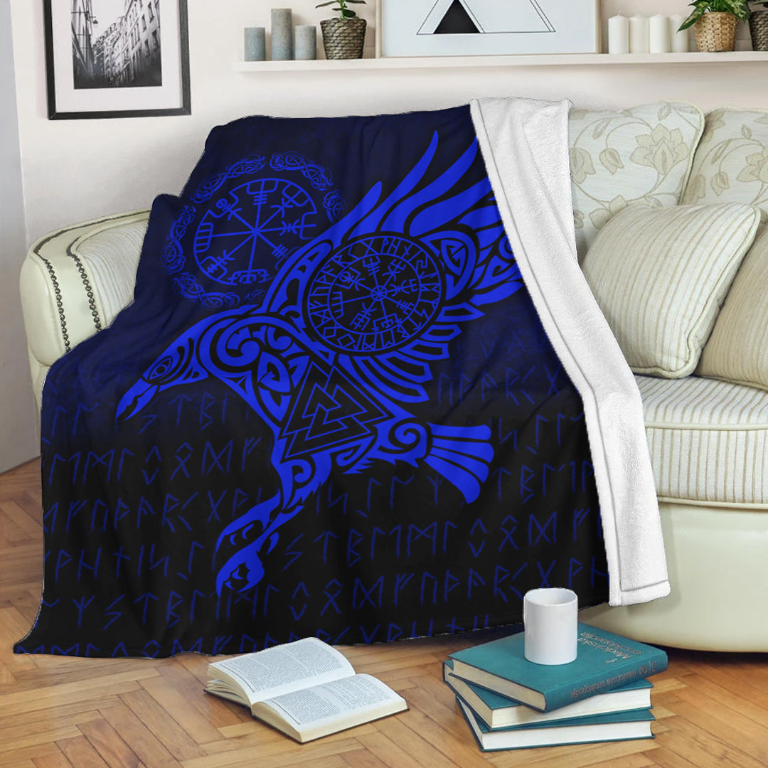 Viking Blanket Raven Vegvisir Tattoo Blue Version Sherpa Fleece Blanket Gifts for Viking Lovers