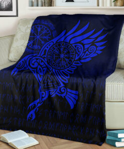 Viking Blanket Raven Vegvisir Tattoo Blue Version Sherpa Fleece Blanket Gifts for Viking Lovers