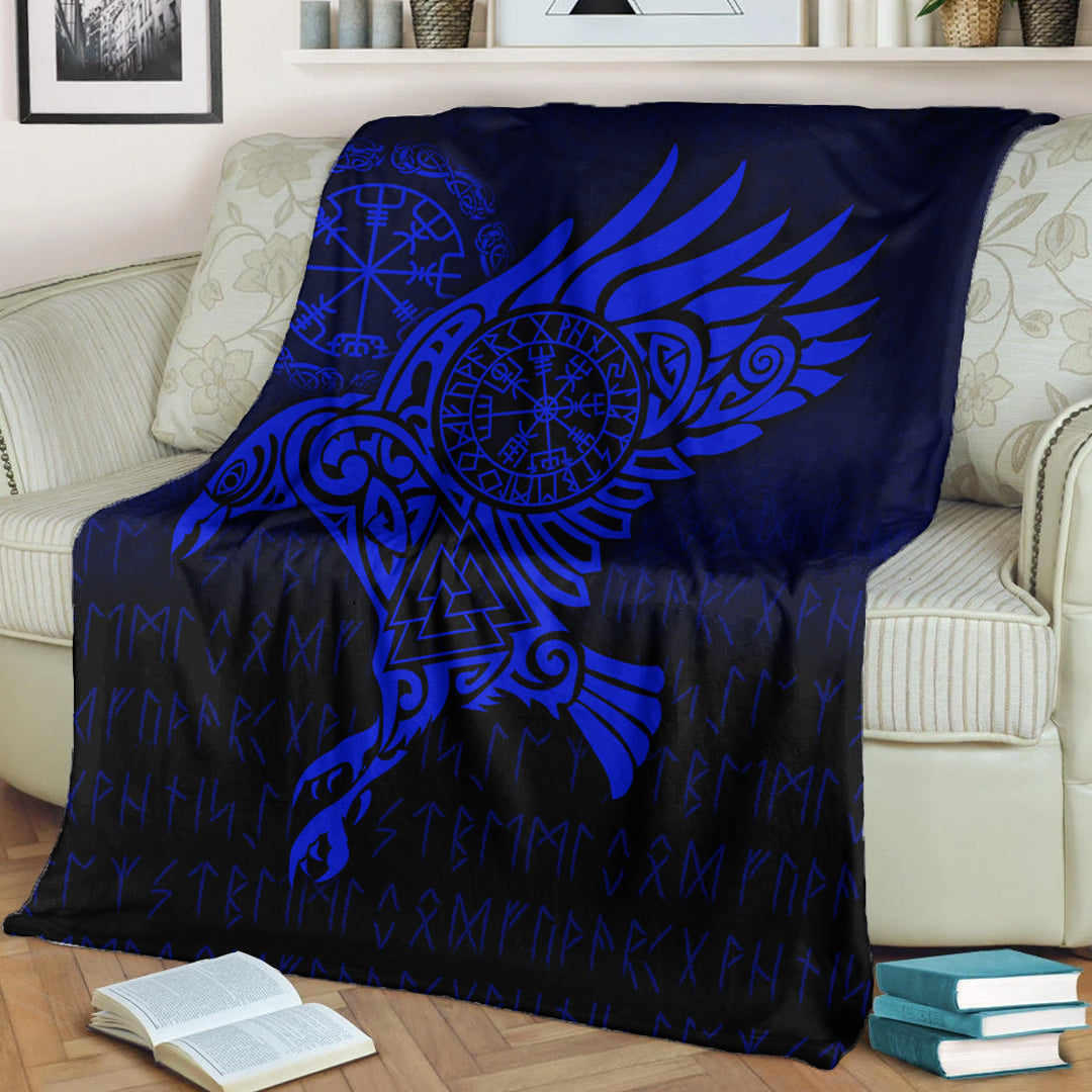 Viking Blanket Raven Vegvisir Tattoo Blue Version Sherpa Fleece Blanket Gifts for Viking Lovers