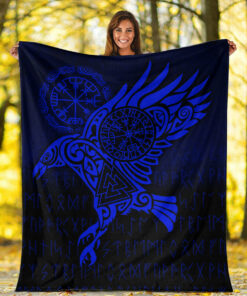 Viking Blanket Raven Vegvisir Tattoo Blue Version Sherpa Fleece Blanket Gifts for Viking Lovers