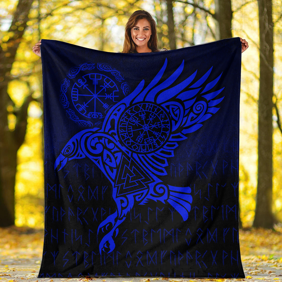Viking Blanket Raven Vegvisir Tattoo Blue Version Sherpa Fleece Blanket Gifts for Viking Lovers