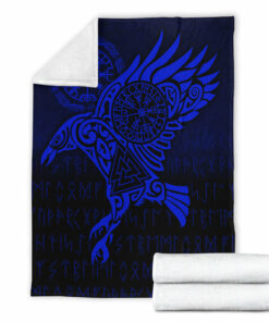 Viking Blanket Raven Vegvisir Tattoo Blue Version Sherpa Fleece Blanket Gifts for Viking Lovers