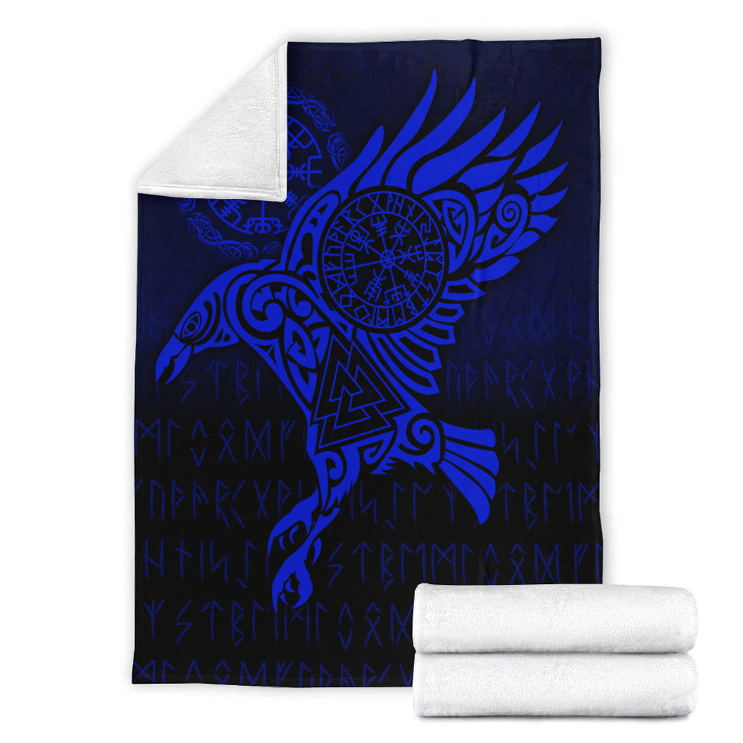 Viking Blanket Raven Vegvisir Tattoo Blue Version Sherpa Fleece Blanket Gifts for Viking Lovers