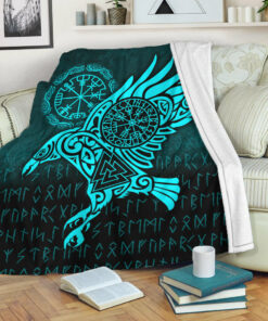 Viking Blanket Raven Vegvisir Tattoo Cyan Version Sherpa Fleece Blanket Gifts for Viking Lovers