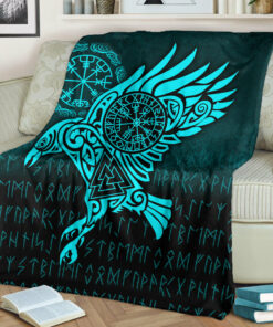Viking Blanket Raven Vegvisir Tattoo Cyan Version Sherpa Fleece Blanket Gifts for Viking Lovers