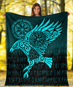 Viking Blanket Raven Vegvisir Tattoo Cyan Version Sherpa Fleece Blanket Gifts for Viking Lovers