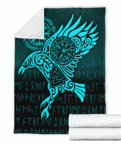 Viking Blanket Raven Vegvisir Tattoo Cyan Version Sherpa Fleece Blanket Gifts for Viking Lovers