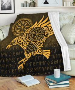 Viking Blanket Raven Vegvisir Tattoo Gold Version Sherpa Fleece Blanket Gifts for Viking Lovers