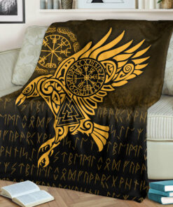Viking Blanket Raven Vegvisir Tattoo Gold Version Sherpa Fleece Blanket Gifts for Viking Lovers