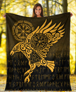 Viking Blanket Raven Vegvisir Tattoo Gold Version Sherpa Fleece Blanket Gifts for Viking Lovers
