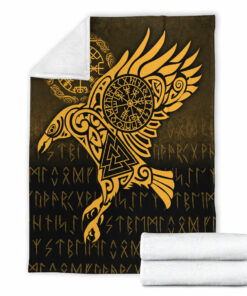 Viking Blanket Raven Vegvisir Tattoo Gold Version Sherpa Fleece Blanket Gifts for Viking Lovers