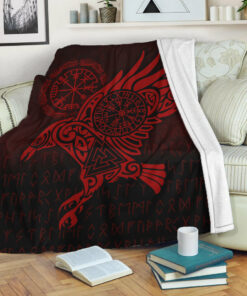 Viking Blanket Raven Vegvisir Tattoo Red Version Sherpa Fleece Blanket Gifts for Viking Lovers