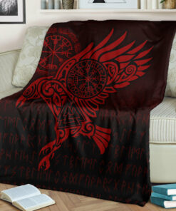 Viking Blanket Raven Vegvisir Tattoo Red Version Sherpa Fleece Blanket Gifts for Viking Lovers