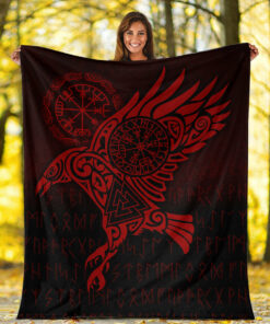 Viking Blanket Raven Vegvisir Tattoo Red Version Sherpa Fleece Blanket Gifts for Viking Lovers