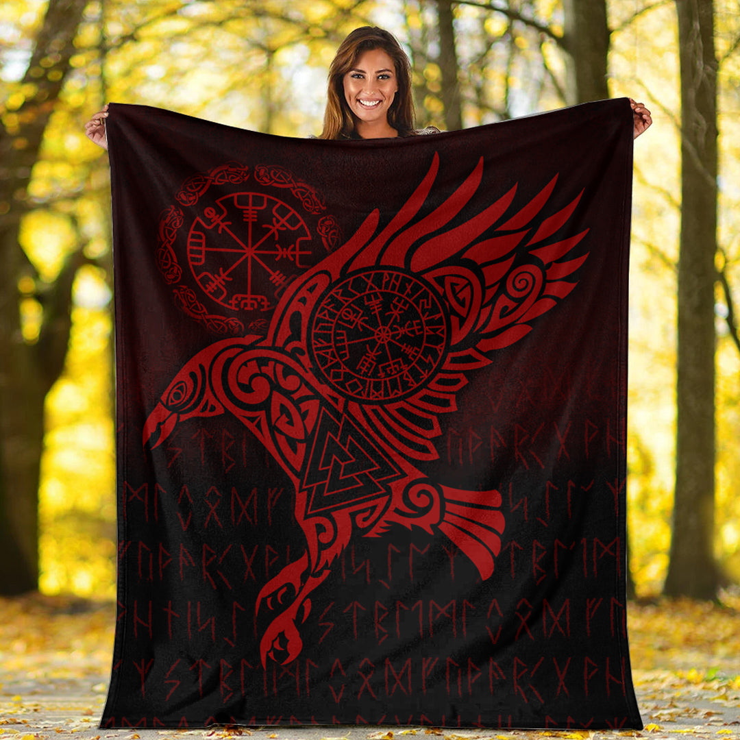 Viking Blanket Raven Vegvisir Tattoo Red Version Sherpa Fleece Blanket Gifts for Viking Lovers
