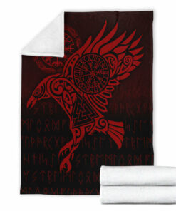 Viking Blanket Raven Vegvisir Tattoo Red Version Sherpa Fleece Blanket Gifts for Viking Lovers