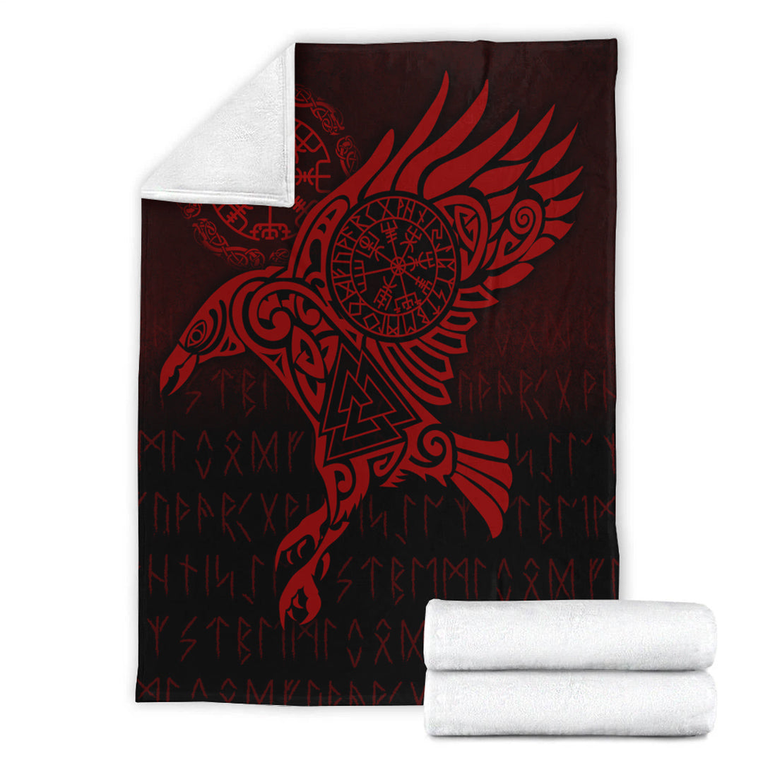 Viking Blanket Raven Vegvisir Tattoo Red Version Sherpa Fleece Blanket Gifts for Viking Lovers
