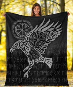 Viking Blanket Raven Vegvisir Tattoo Special Version Sherpa Fleece Blanket Gifts for Viking Lovers