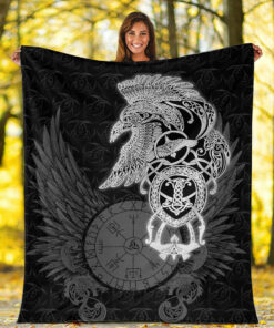 Viking Blanket Raven Ving Sherpa Fleece Blanket Gifts for Viking Lovers