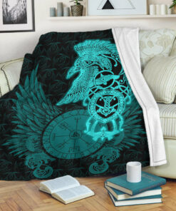Viking Blanket Raven Ving Turquoise Sherpa Fleece Blanket Gifts for Viking Lovers