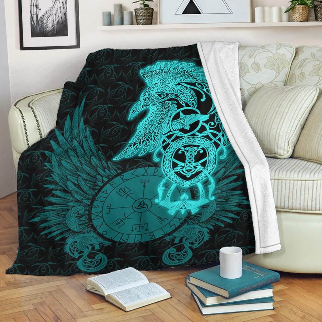 Viking Blanket Raven Ving Turquoise Sherpa Fleece Blanket Gifts for Viking Lovers