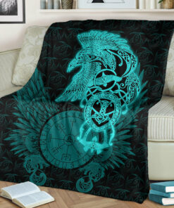 Viking Blanket Raven Ving Turquoise Sherpa Fleece Blanket Gifts for Viking Lovers