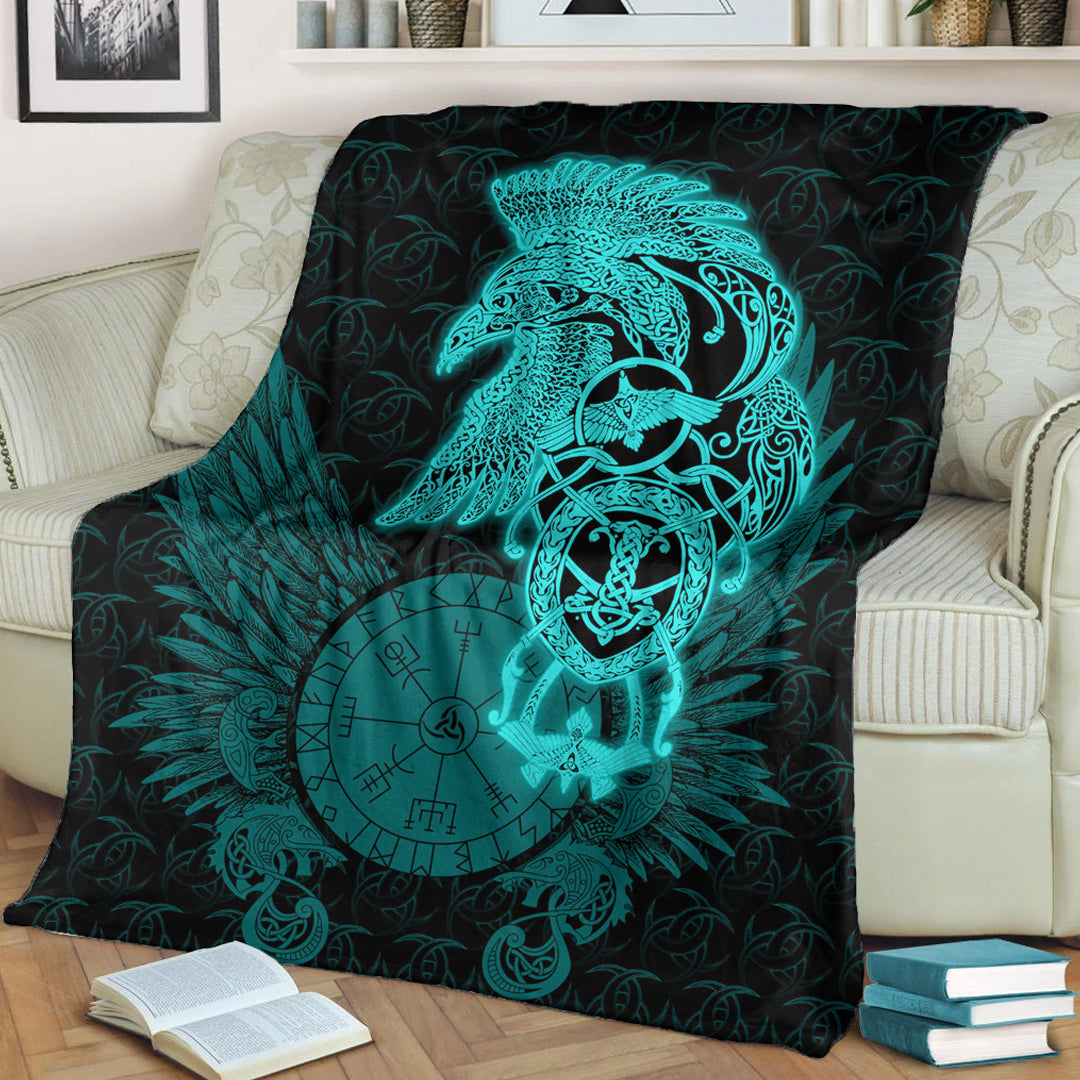 Viking Blanket Raven Ving Turquoise Sherpa Fleece Blanket Gifts for Viking Lovers