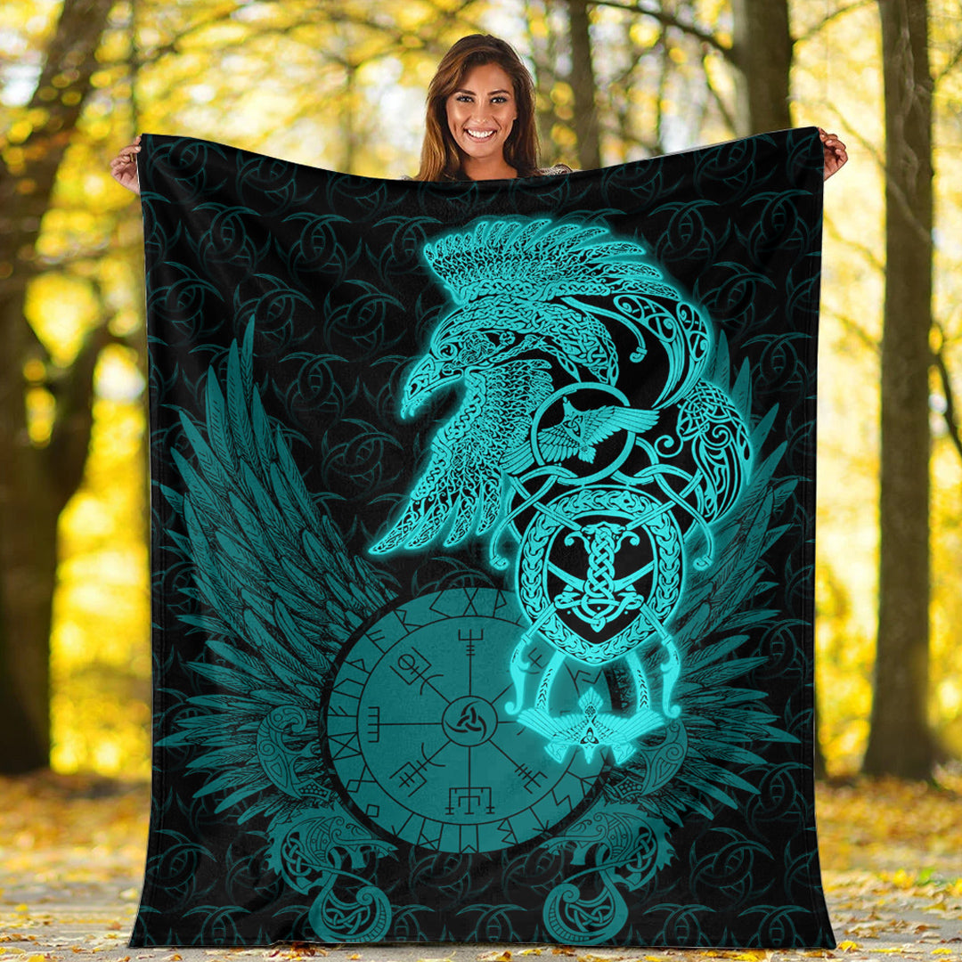 Viking Blanket Raven Ving Turquoise Sherpa Fleece Blanket Gifts for Viking Lovers