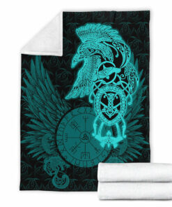 Viking Blanket Raven Ving Turquoise Sherpa Fleece Blanket Gifts for Viking Lovers