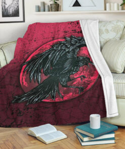 Viking Blanket Raven and Blood Moon Brush Style Sherpa Fleece Blanket Gifts for Viking Lovers